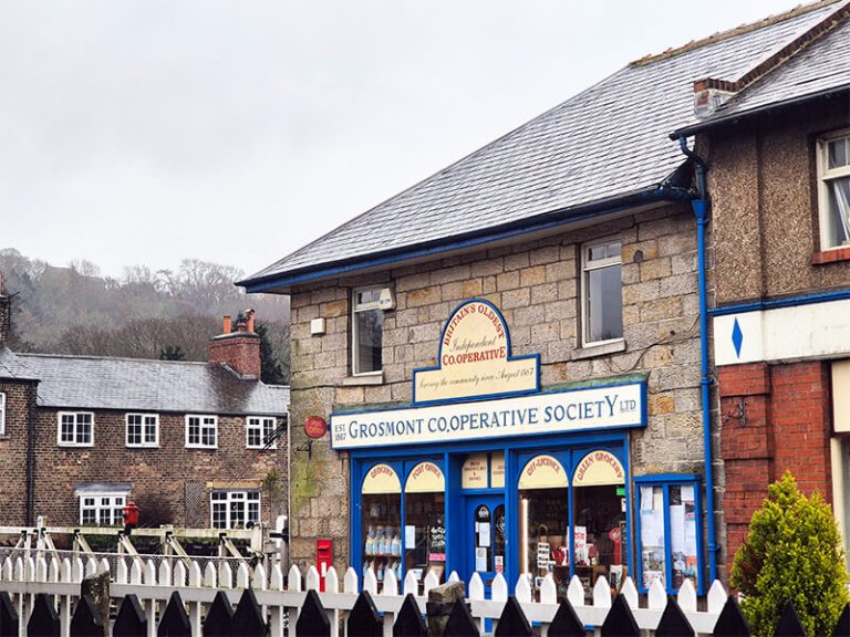 Grosmont Cooperative Society Shop front view from a station building in Yorkshire Moors